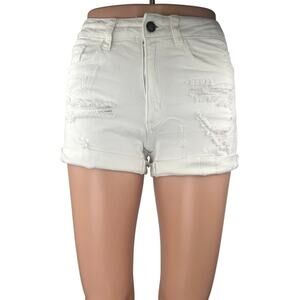 Rancan White Distressed Mid Rise Cuffed Hem Fitted Denim Jean Shorts Size 26